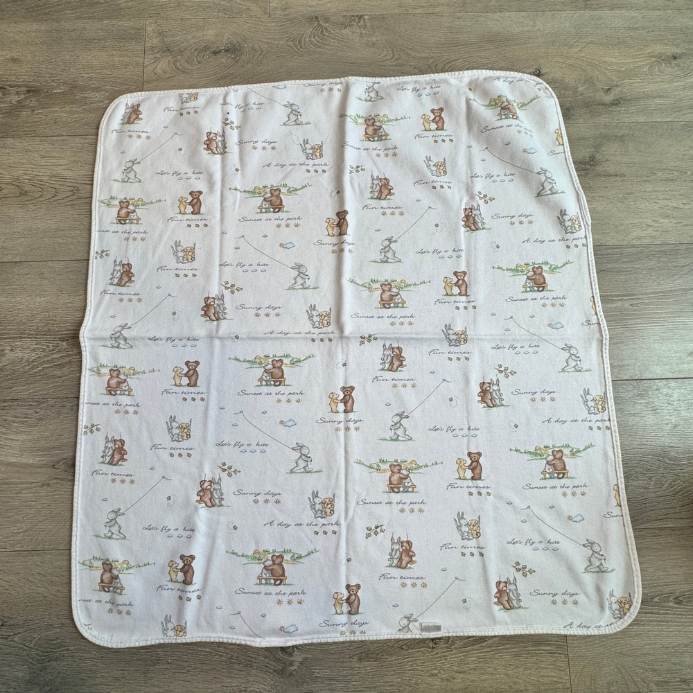 Vintage Carters Baby Receiving Blanket White Cotton Bear Bunny Park Made in USA